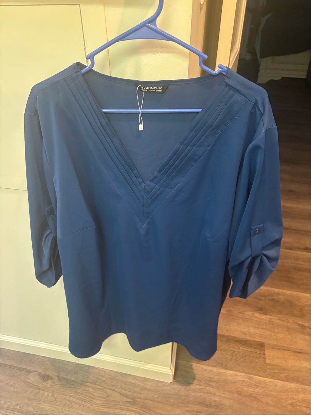 BloomChic Deep Blue V-Neck Pleated Detail Blouse